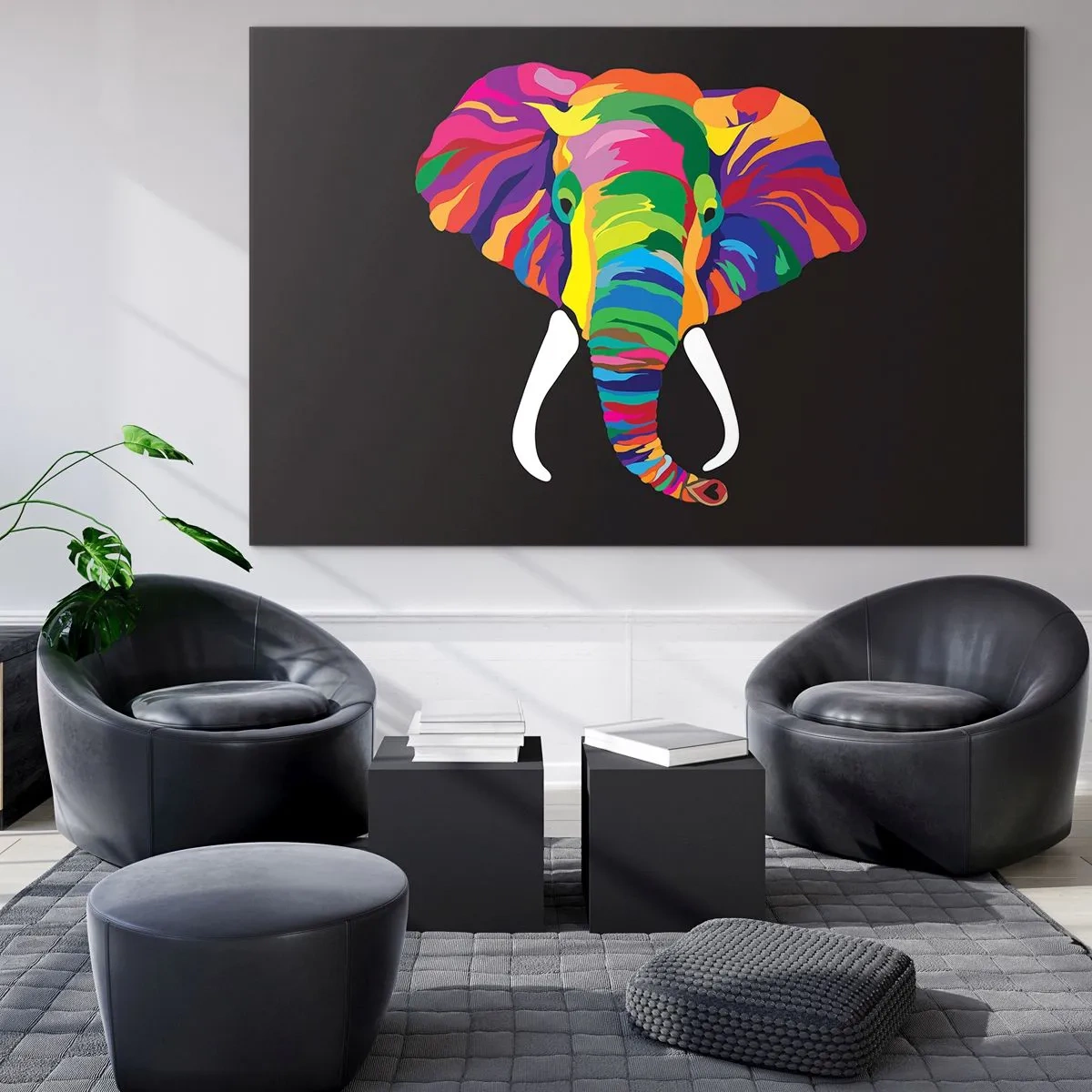 Cuadro sobre vidrio - Impresiones sobre Vidrio - Un elefante colorido sobre un fondo negro en un estilo artístico. - 70x50cm - El elefante al que le gustaba bañarse en el arco iris - Decoración de pared moderna para salón y dormitorio ARTTOR