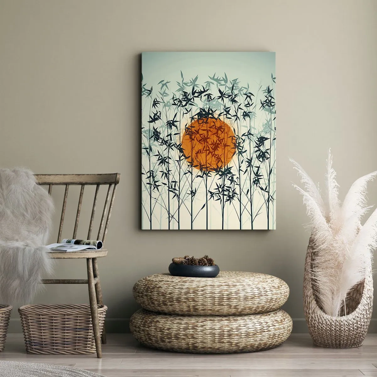 Cuadro sobre lienzo - Impresión de Imagen - Sol naranja entre las ramas de bambú. - 50x70cm - El sol de Japón - Decoración de pared moderna para salón y dormitorio ARTTOR