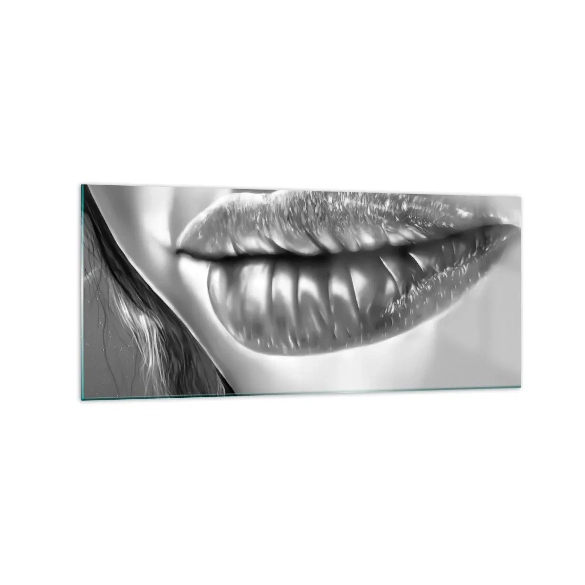Cuadro sobre vidrio - Impresiones sobre Vidrio - Primer plano en blanco y negro de los labios de una mujer con efecto brillante y detalles. - 120x50cm - Sé lo que estás pensando... - Decoración de pared moderna para salón y dormitorio ARTTOR