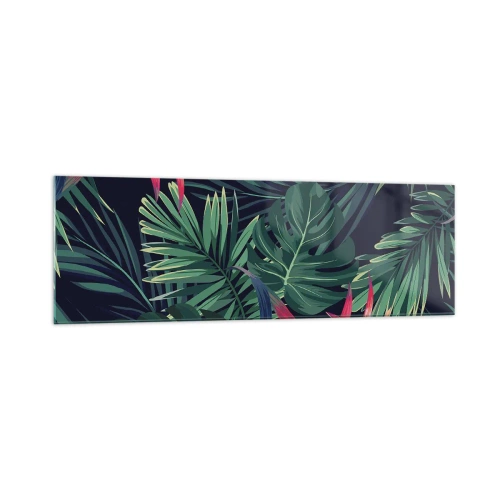 Cuadro sobre vidrio - Impresiones sobre Vidrio - Hojas y flores tropicales sobre un fondo oscuro. - 160x50cm - Encender el color verde - Decoración de pared moderna para salón y dormitorio ARTTOR
