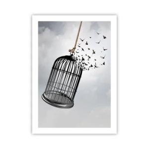 Póster - Pájaros volando desde una jaula abierta contra un fondo de nubes. - 50x70cm - Fe... Esperanza... ¡Libertad! - Decoración de pared moderna para salón y dormitorio ARTTOR
