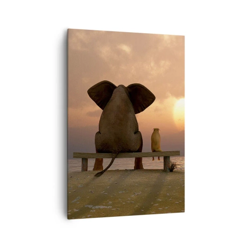 Cuadro sobre lienzo - Impresión de Imagen - Un elefante y un perro están sentados en un banco en la playa durante el atardecer. - 70x100cm - Es bueno estar en silencio juntos - Decoración de pared moderna para salón y dormitorio ARTTOR