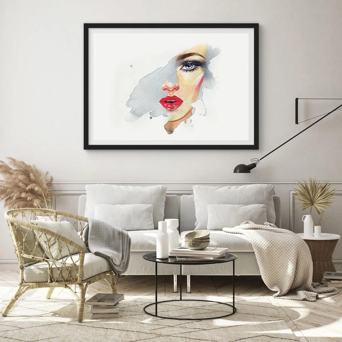 Póster en marco negro - Un retrato en acuarela de una mujer de mirada intensa. - 70x50cm - Reflejo en una gota de agua - Decoración de pared moderna para salón y dormitorio ARTTOR