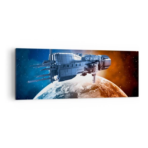 Cuadro sobre lienzo - Impresión de Imagen - Una nave espacial con un planeta en el espacio como telón de fondo. - 140x50cm - Un observador atento - Decoración de pared moderna para salón y dormitorio ARTTOR