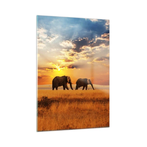Cuadro sobre vidrio - Impresiones sobre Vidrio - Elefantes en la sabana africana al atardecer - 50x70cm - Un paseo en familia - Decoración de pared moderna para salón y dormitorio ARTTOR