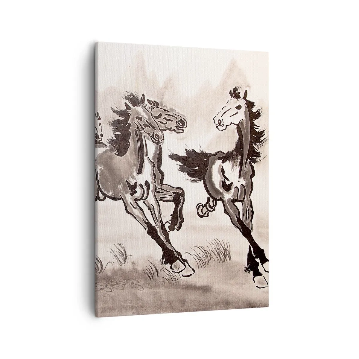 Cuadro sobre lienzo - Impresión de Imagen - Gráficos dinámicos de caballos al galope en estilo oriental. - 50x70cm - Al galope alegre - Decoración de pared moderna para salón y dormitorio ARTTOR