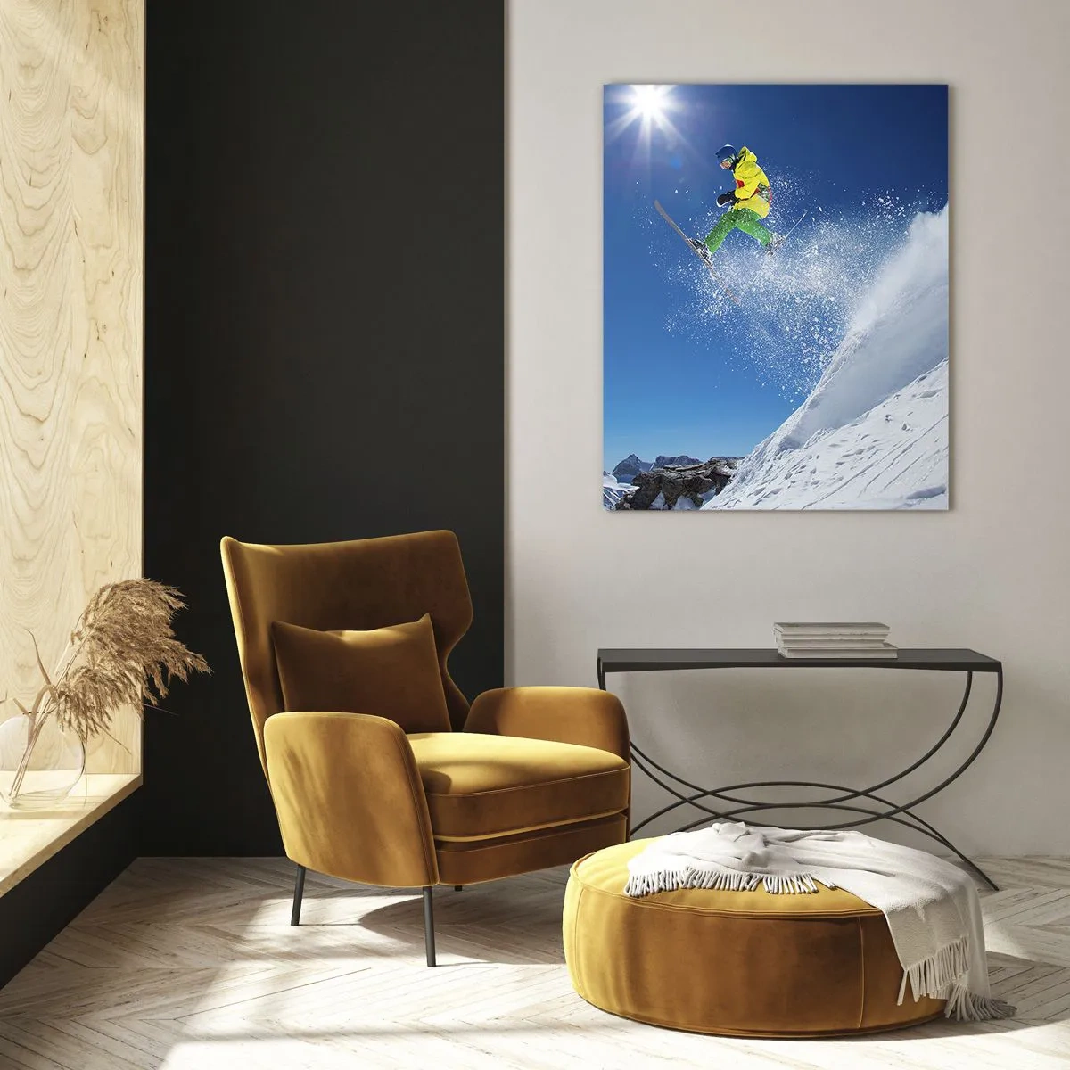 Cuadro sobre vidrio - Impresiones sobre Vidrio - Un esquiador en acción con el telón de fondo de montañas cubiertas de nieve. - 50x70cm - Bailando con las montañas - Decoración de pared moderna para salón y dormitorio ARTTOR