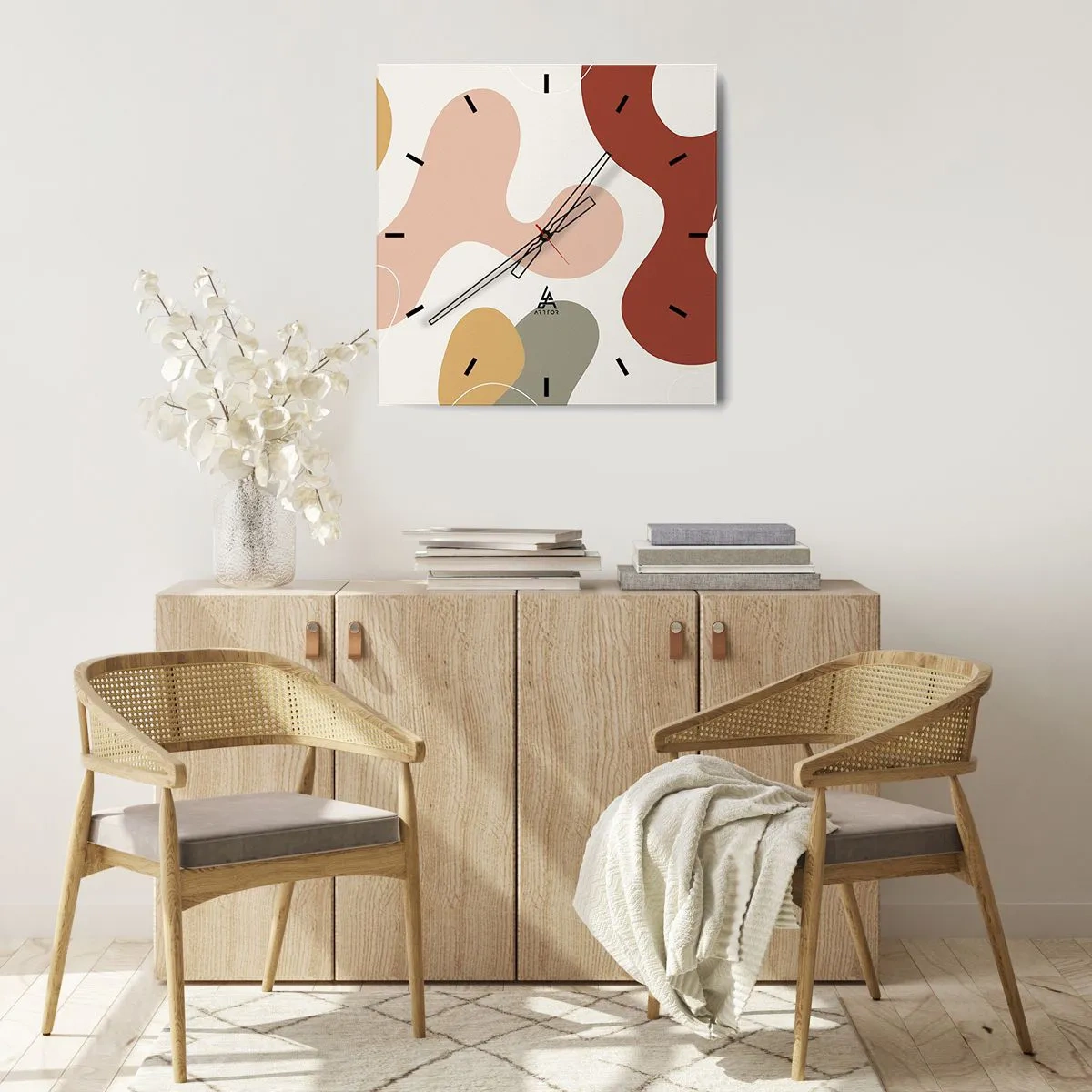Reloj de pared - Reloj de vidrio - Una composición abstracta en tonos pastel con formas dinámicas. - 30x30cm - La esencia de la pintura - Decoración de pared moderna para salón y dormitorio ARTTOR