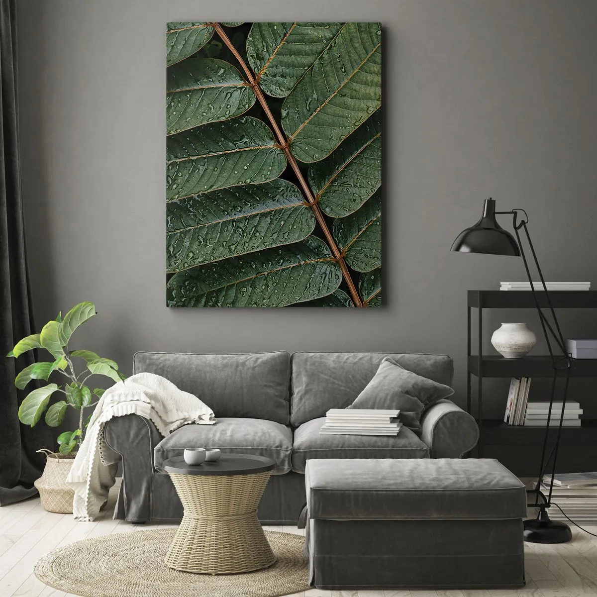 Cuadro sobre lienzo - Impresión de Imagen - Fotografía macro de hojas verdes con gotas de rocío. - 50x70cm - En un ritmo verde - Decoración de pared moderna para salón y dormitorio ARTTOR
