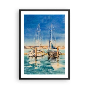 Póster en marco negro - Ilustración de acuarela de veleros contra una laguna azul en un día soleado. - 50x70cm - Laguna soleada - Decoración de pared moderna para salón y dormitorio ARTTOR