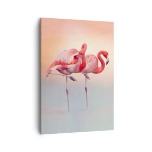 Cuadro sobre lienzo - Impresión de Imagen - Flamencos en delicados colores pastel sobre un fondo de agua. - 50x70cm - Elegancia bajo el sol de poniente - Decoración de pared moderna para salón y dormitorio ARTTOR