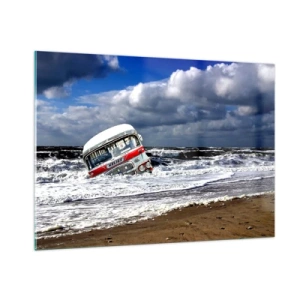 Cuadro sobre vidrio - Impresiones sobre Vidrio - Un viejo autobús en las aguas de un mar tempestuoso - 100x70cm - ¿Y qué te sorprende? - Decoración de pared moderna para salón y dormitorio ARTTOR