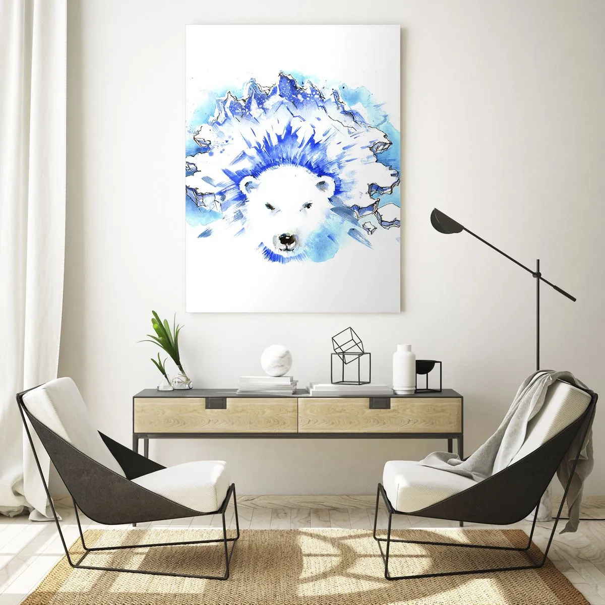 Cuadro sobre vidrio - Impresiones sobre Vidrio - Pintura artística de acuarela de un oso polar con un motivo helado. - 70x100cm - El rey del Ártico con una corona de hielo - Decoración de pared moderna para salón y dormitorio ARTTOR