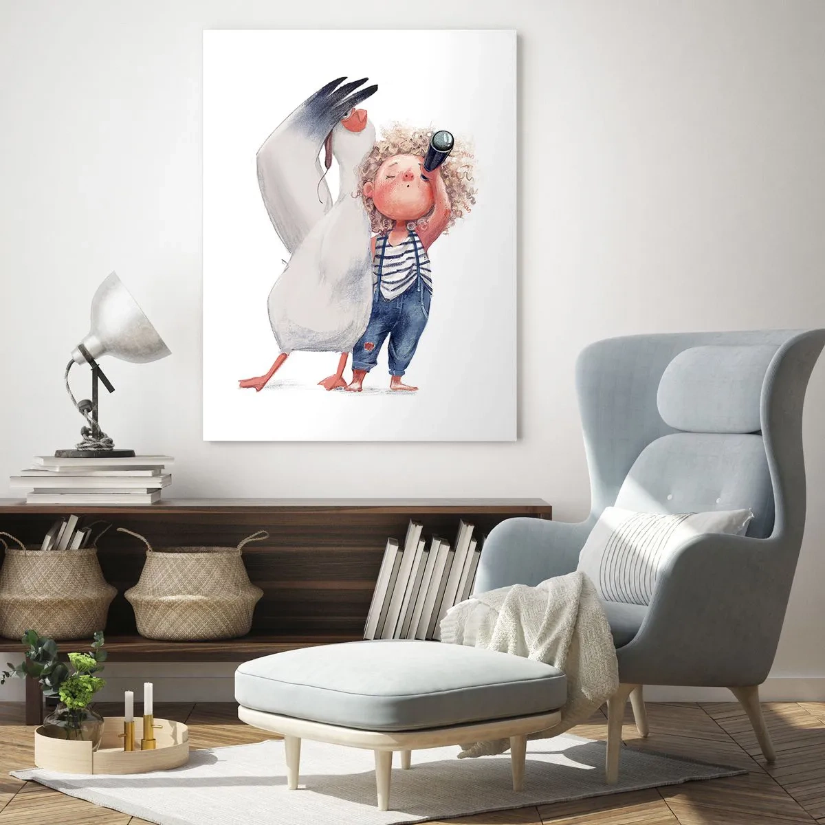 Cuadro sobre vidrio - Impresiones sobre Vidrio - Bebé con binoculares y cigüeña en un divertido estilo de ilustración. - 50x70cm - Un plan para un gran viaje - Decoración de pared moderna para salón y dormitorio ARTTOR