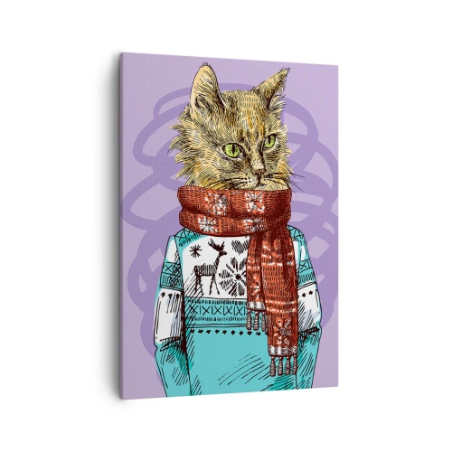 Cuadro sobre lienzo - Impresión de Imagen - Un gato con un suéter y una bufanda sobre un fondo morado. - 50x70cm - El gato no solo tenía botas - Decoración de pared moderna para salón y dormitorio ARTTOR