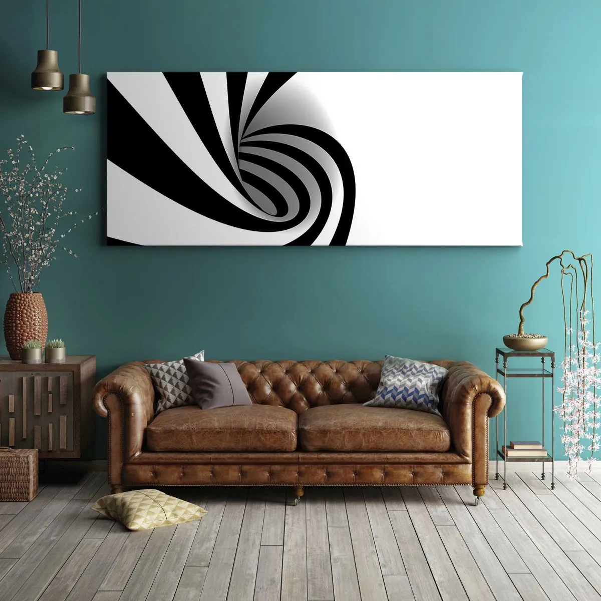 Cuadro sobre lienzo - Impresión de Imagen - Vórtice óptico abstracto en blanco y negro - 160x50cm - Y sin embargo, gira - Decoración de pared moderna para salón y dormitorio ARTTOR