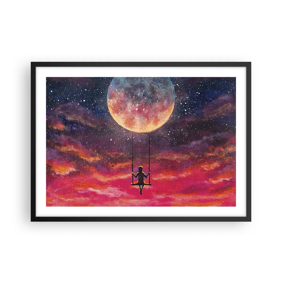 Póster en marco negro - Una figura en un columpio suspendido contra la luna. - 70x50cm - Disfrutar de las nubes - Decoración de pared moderna para salón y dormitorio ARTTOR