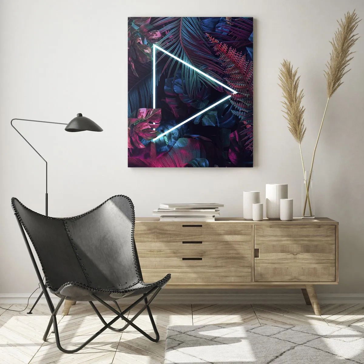 Cuadro sobre vidrio - Impresiones sobre Vidrio - Un triángulo de neón rodeado de plantas tropicales en tonos rosa y azul. - 50x70cm - Jardín fluorescente - Decoración de pared moderna para salón y dormitorio ARTTOR