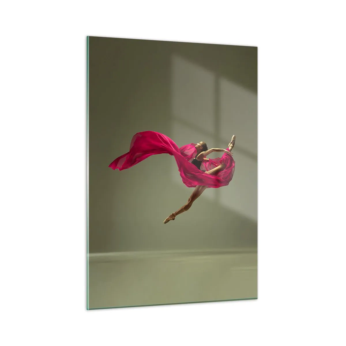 Cuadro sobre vidrio - Impresiones sobre Vidrio - Una bailarina en vuelo con una tela fucsia fluida. - 50x70cm - Llama danzante - Decoración de pared moderna para salón y dormitorio ARTTOR