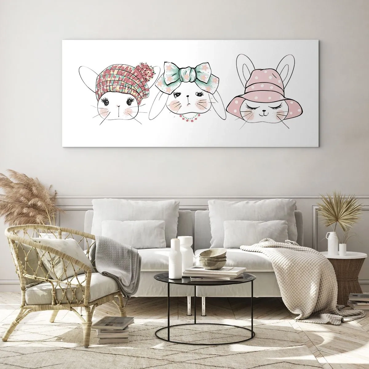 Cuadro sobre vidrio - Impresiones sobre Vidrio - Adorables conejitos con tocados en tonos pastel - 160x50cm - Reflexión, tristeza, alegría - Decoración de pared moderna para salón y dormitorio ARTTOR