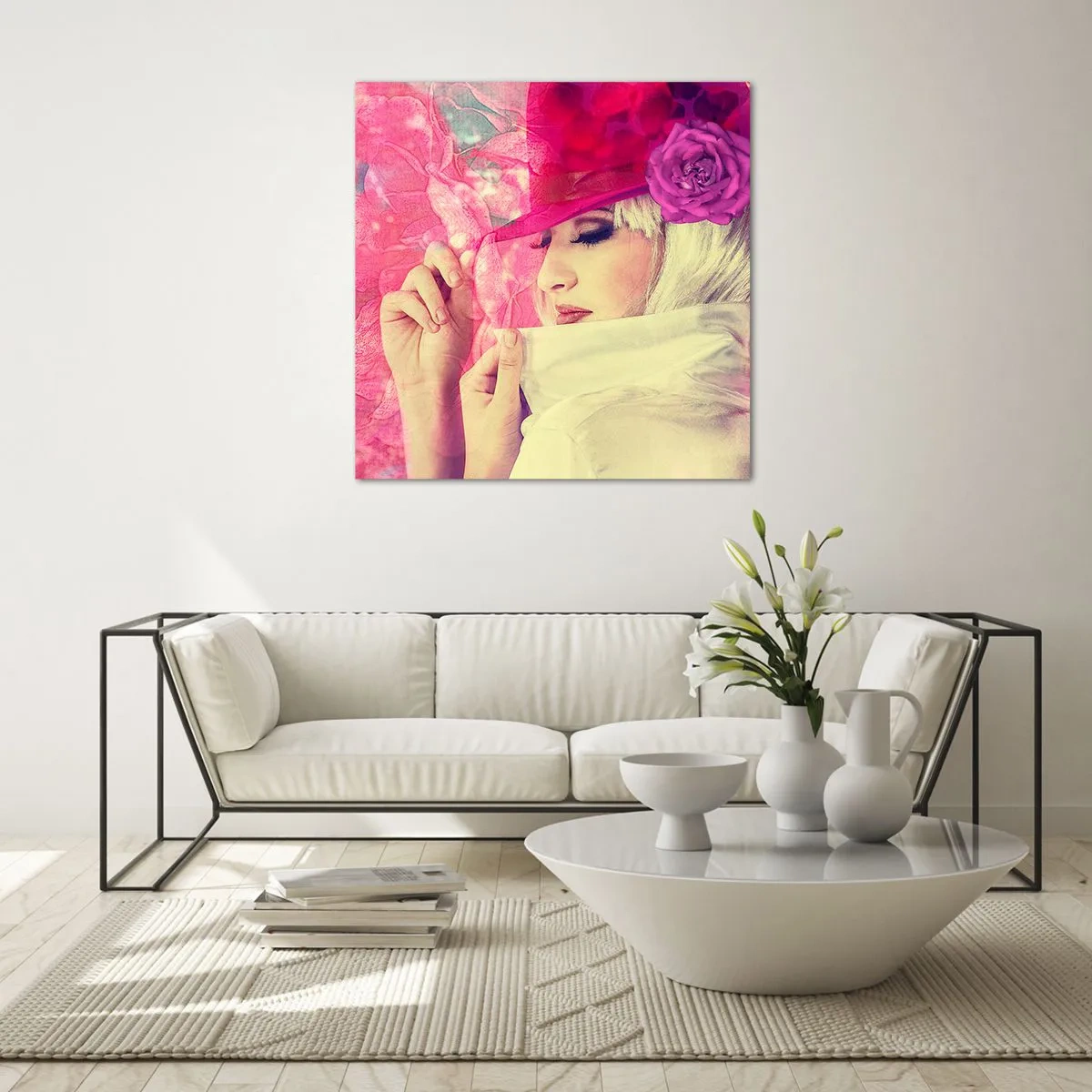 Cuadro sobre vidrio - Impresiones sobre Vidrio - Retrato retro en rosa - 70x70 cm
