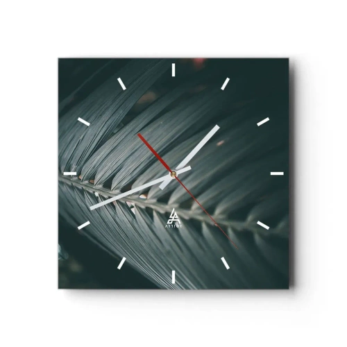 Reloj de pared - Reloj de vidrio - Primer plano de un detalle de hoja de palma en tonos oscuros - 30x30cm - La precisión de la naturaleza - Decoración de pared moderna para salón y dormitorio ARTTOR
