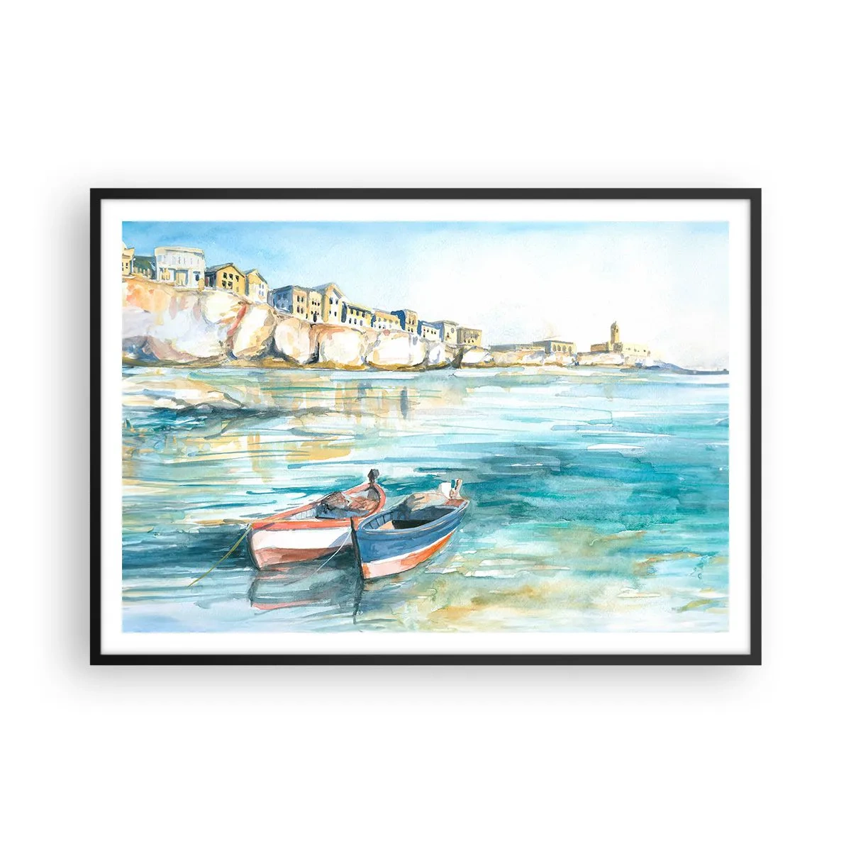Póster en marco negro - Un pintoresco paisaje costero con barcos en el agua. - 100x70cm - Paisaje en azul - Decoración de pared moderna para salón y dormitorio ARTTOR