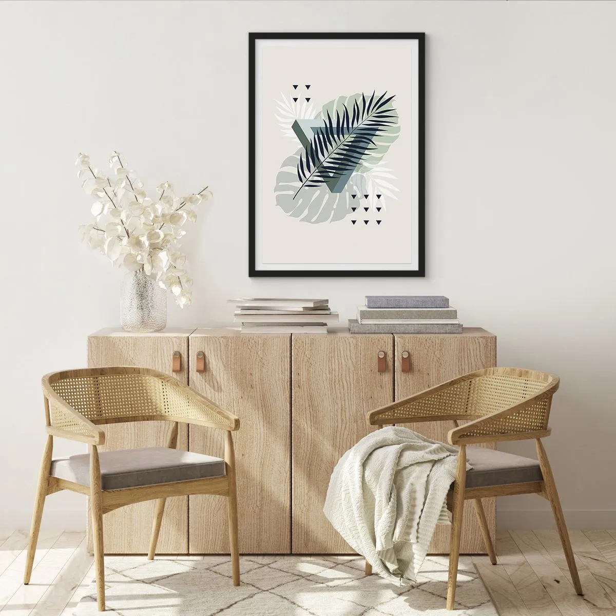 Póster en marco negro - Hojas tropicales abstractas sobre un fondo claro - 50x70cm - Naturaleza y geometría - Decoración de pared moderna para salón y dormitorio ARTTOR