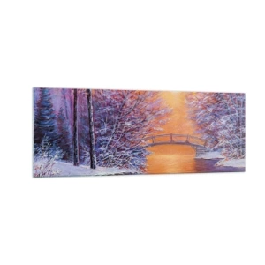 Cuadro sobre vidrio - Impresiones sobre Vidrio - Paisaje invernal con puente y puesta de sol - 140x50cm - Reunámonos aquí - Decoración de pared moderna para salón y dormitorio ARTTOR