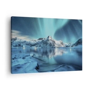 Cuadro sobre lienzo - Impresión de Imagen - Aurora boreal sobre montañas nevadas y un lago - 70x50cm - Una noche de luz - Decoración de pared moderna para salón y dormitorio ARTTOR