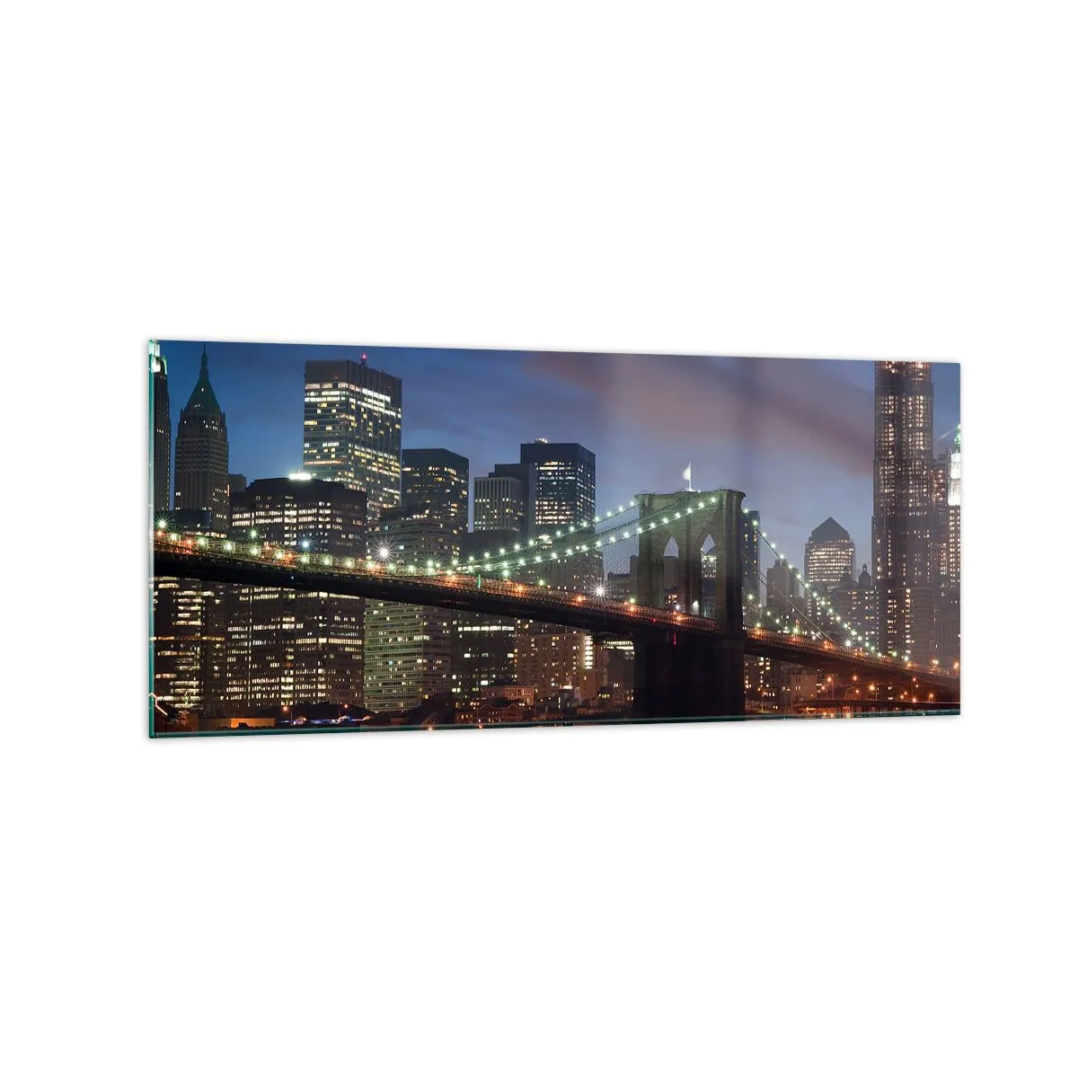 Cuadro sobre vidrio - Impresiones sobre Vidrio - Puente de la ciudad de Nueva York de noche con edificios iluminados - 120x50cm - Una noche iluminada - Decoración de pared moderna para salón y dormitorio ARTTOR