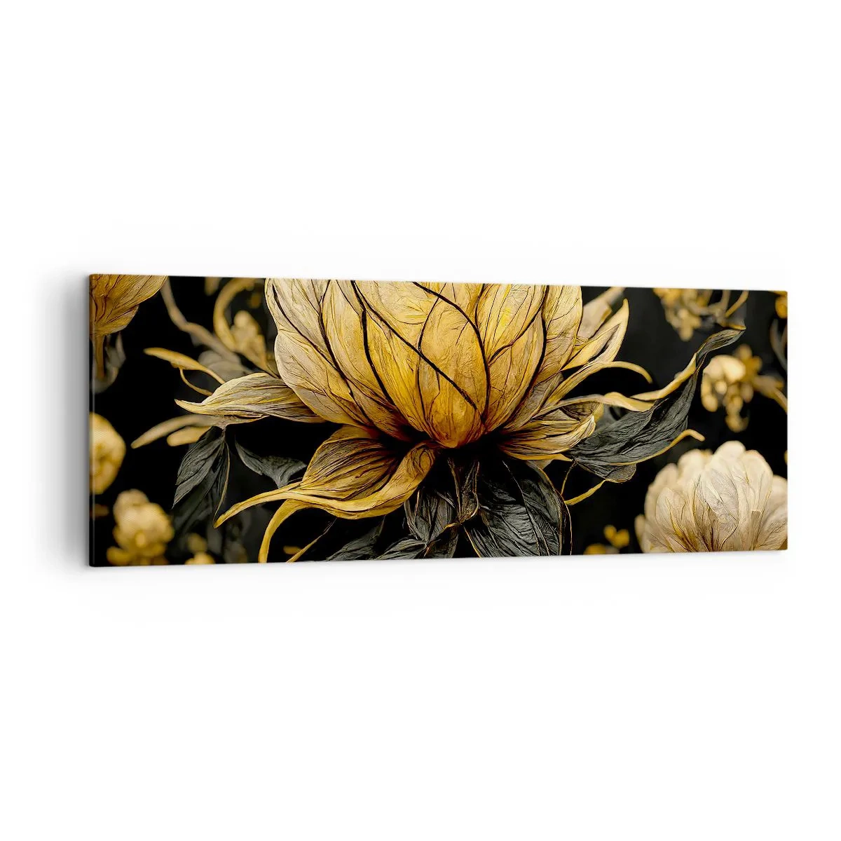 Cuadro sobre lienzo - Impresión de Imagen - Flor dorada sobre fondo oscuro - 140x50cm - Sutil fragilidad - Decoración de pared moderna para salón y dormitorio ARTTOR