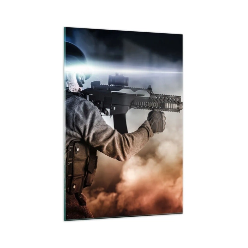 Cuadro sobre vidrio - Impresiones sobre Vidrio - Un soldado en acción con un rifle contra un fondo de nubes y luz. - 70x100cm - Luchador - Decoración de pared moderna para salón y dormitorio ARTTOR