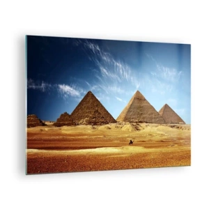 Cuadro sobre vidrio - Impresiones sobre Vidrio - Las pirámides de Giza contra el cielo azul. - 70x50cm - 40 siglos te observan - Decoración de pared moderna para salón y dormitorio ARTTOR