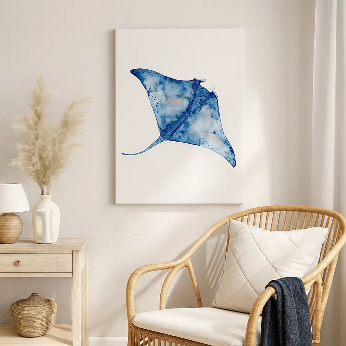 Cuadro sobre lienzo - Impresión de Imagen - Raya azul en estilo acuarela sobre fondo blanco - 50x70cm - La vida en azul - Decoración de pared moderna para salón y dormitorio ARTTOR