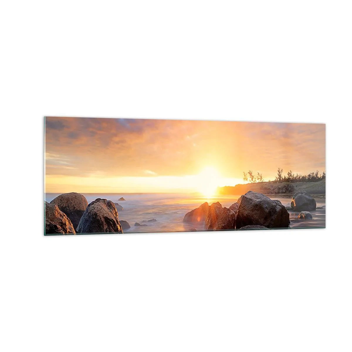 Cuadro sobre vidrio - Impresiones sobre Vidrio - Puesta de sol sobre la costa rocosa - 140x50cm - Brisa luminosa del atardecer - Decoración de pared moderna para salón y dormitorio ARTTOR