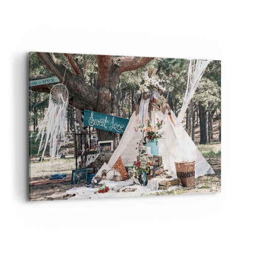Cuadro sobre lienzo - Impresión de Imagen - Decoración boho con un tipi en el bosque - 120x80cm - Amor exótico - Decoración de pared moderna para salón y dormitorio ARTTOR