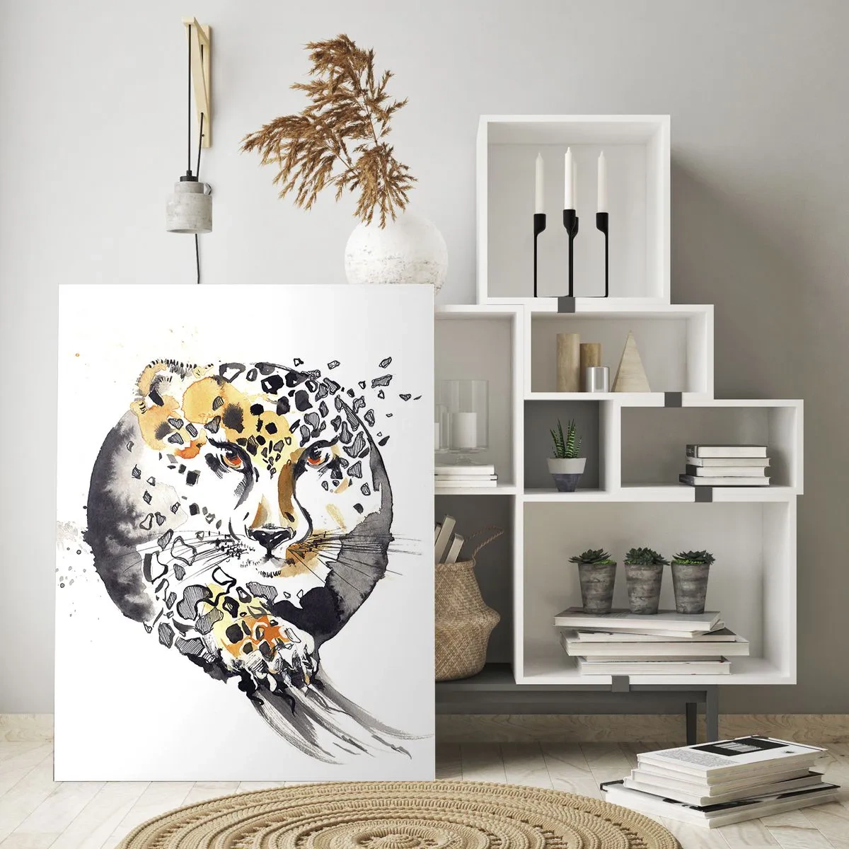 Cuadro sobre vidrio - Impresiones sobre Vidrio - Leopardo en una composición dinámica y abstracta. - 50x70cm - Belleza depredadora - Decoración de pared moderna para salón y dormitorio ARTTOR