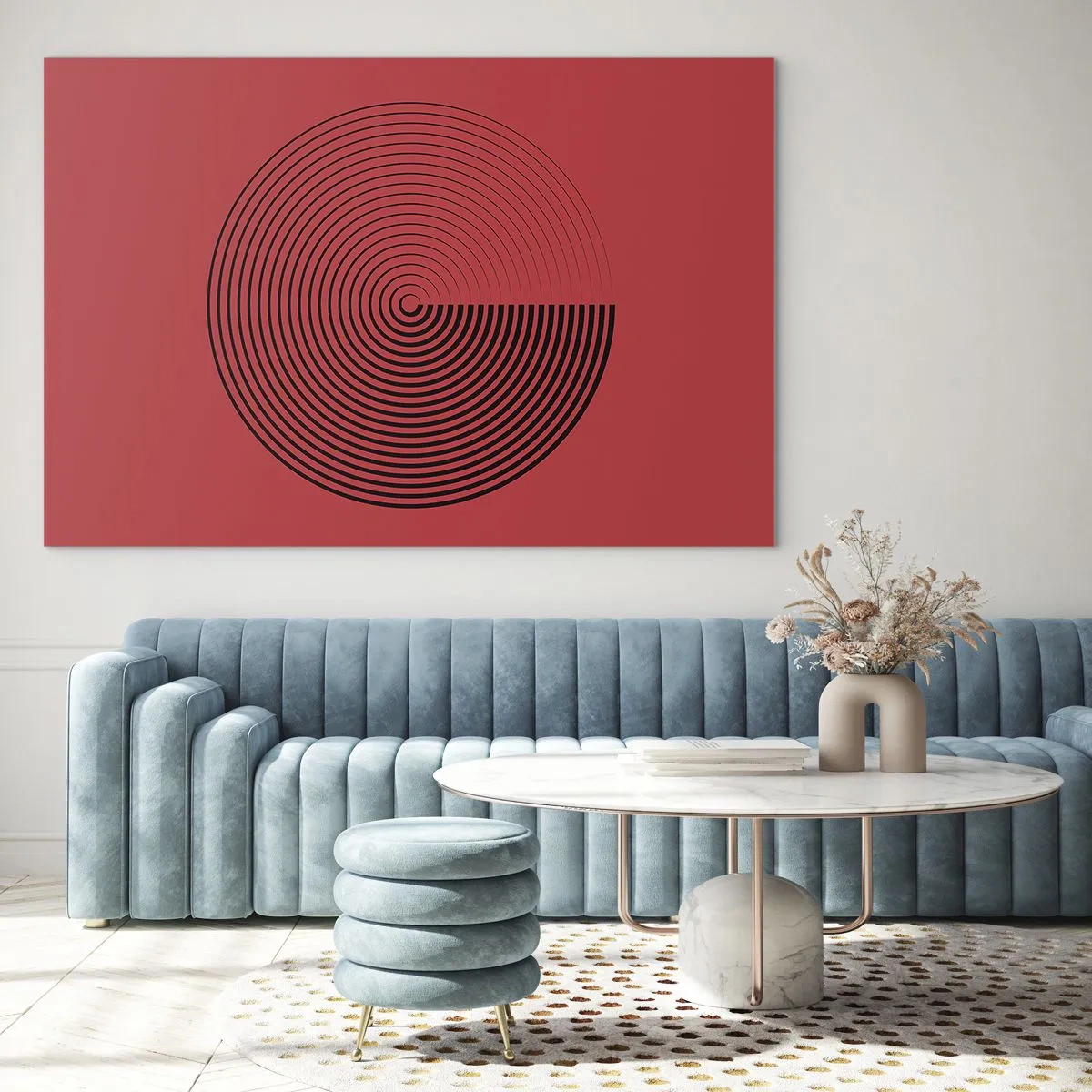Cuadro sobre vidrio - Impresiones sobre Vidrio - Círculos concéntricos negros sobre fondo rojo - 100x70cm - Movimiento circular - Decoración de pared moderna para salón y dormitorio ARTTOR