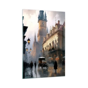 Cuadro sobre vidrio - Impresiones sobre Vidrio - Escena callejera nocturna con arquitectura histórica - 80x120cm - La magia de una noche de Praga - Decoración de pared moderna para salón y dormitorio ARTTOR