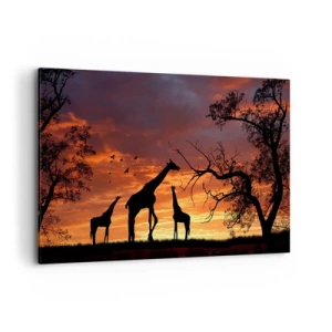 Cuadro sobre lienzo - Impresión de Imagen - Siluetas de jirafas con el atardecer africano como telón de fondo - 120x80cm - Una pequeña cena con tus seres queridos - Decoración de pared moderna para salón y dormitorio ARTTOR