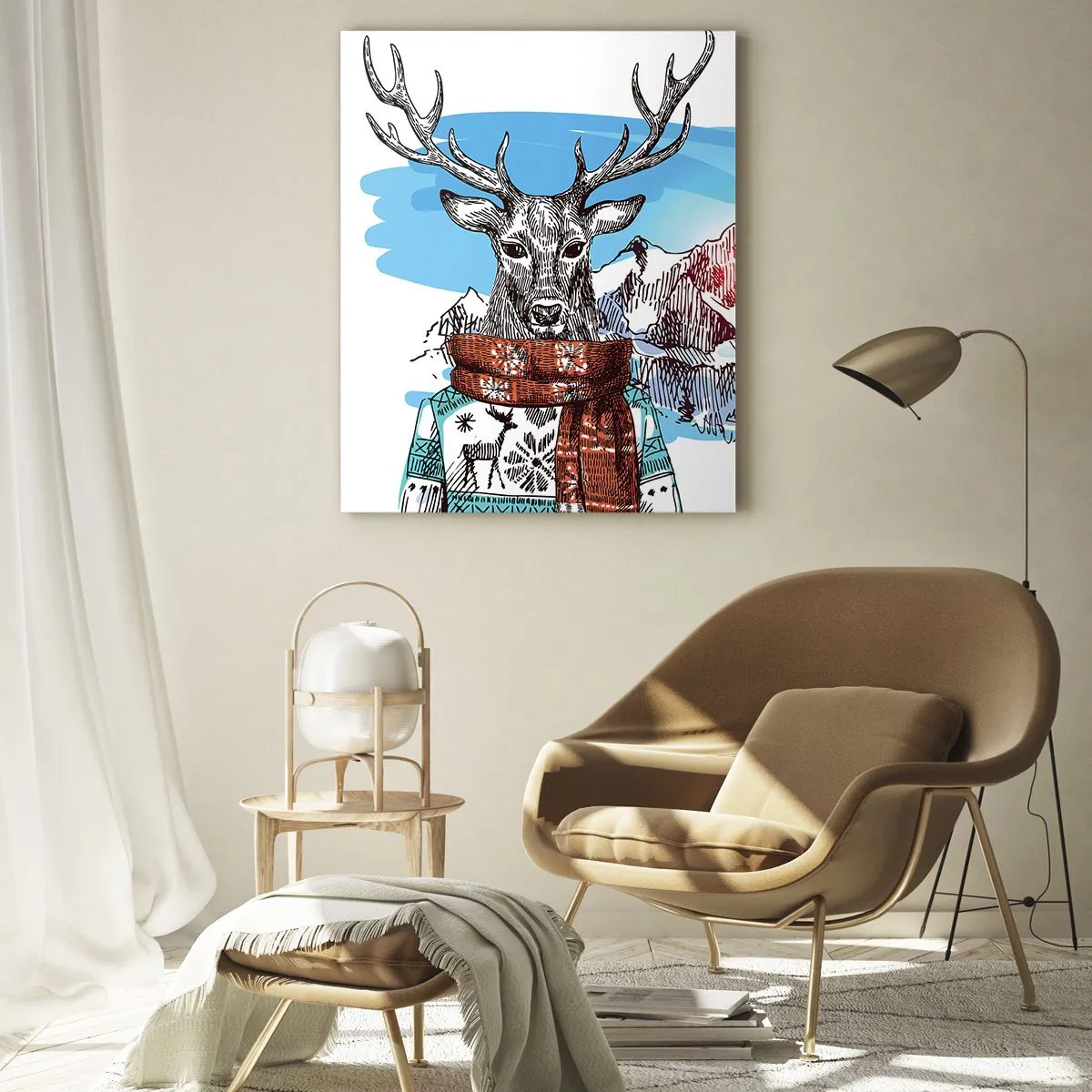 Cuadro sobre vidrio - Impresiones sobre Vidrio - Un ciervo con un suéter de invierno frente a un paisaje montañoso. - 80x120cm - Ni el ciervo pasa frío - Decoración de pared moderna para salón y dormitorio ARTTOR