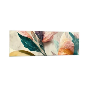 Cuadro sobre vidrio - Impresiones sobre Vidrio - Flores coloridas de estilo tropical sobre un fondo claro. - 160x50cm - Flores de las islas del sur - Decoración de pared moderna para salón y dormitorio ARTTOR