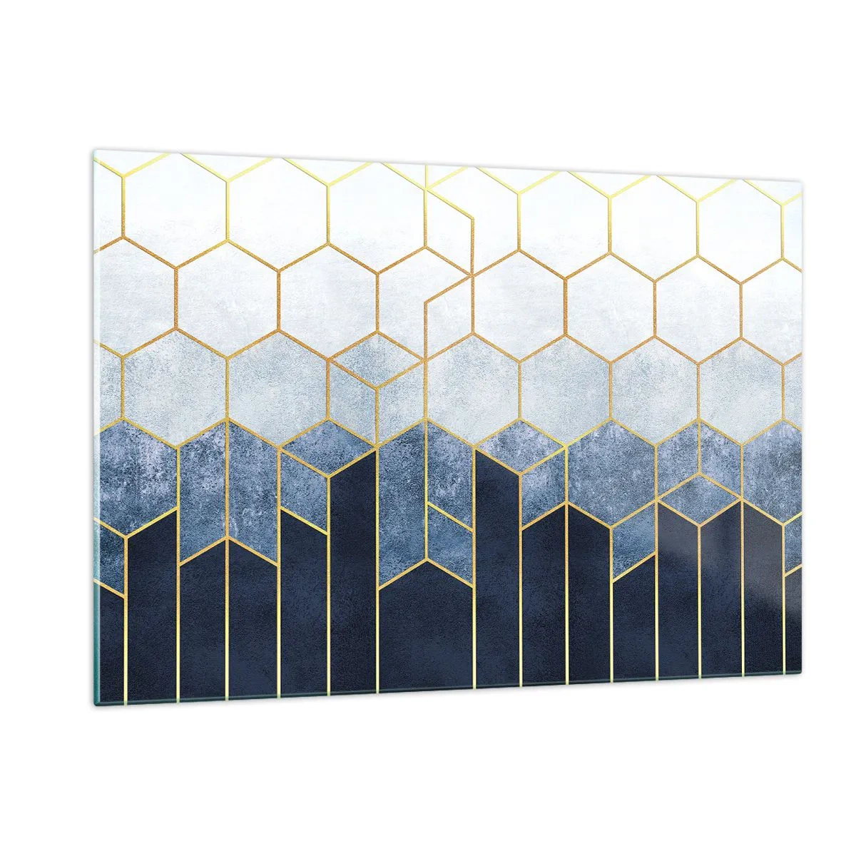 Cuadro sobre vidrio - Impresiones sobre Vidrio - Patrón geométrico en colores dorado y azul marino. - 120x80cm - Composición rítmica visual - Decoración de pared moderna para salón y dormitorio ARTTOR