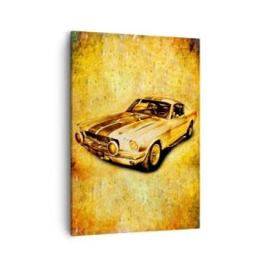 Cuadro sobre lienzo - Impresión de Imagen - Coche deportivo retro clásico sobre un fondo vintage en tonos dorados. - 50x70cm - Los locos años 70. - Decoración de pared moderna para salón y dormitorio ARTTOR