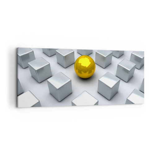 Cuadro sobre lienzo - Impresión de Imagen - Una esfera dorada que destaca entre los cubos plateados. - 120x50cm - ¿Por qué yo? Composición geométrica - Decoración de pared moderna para salón y dormitorio ARTTOR