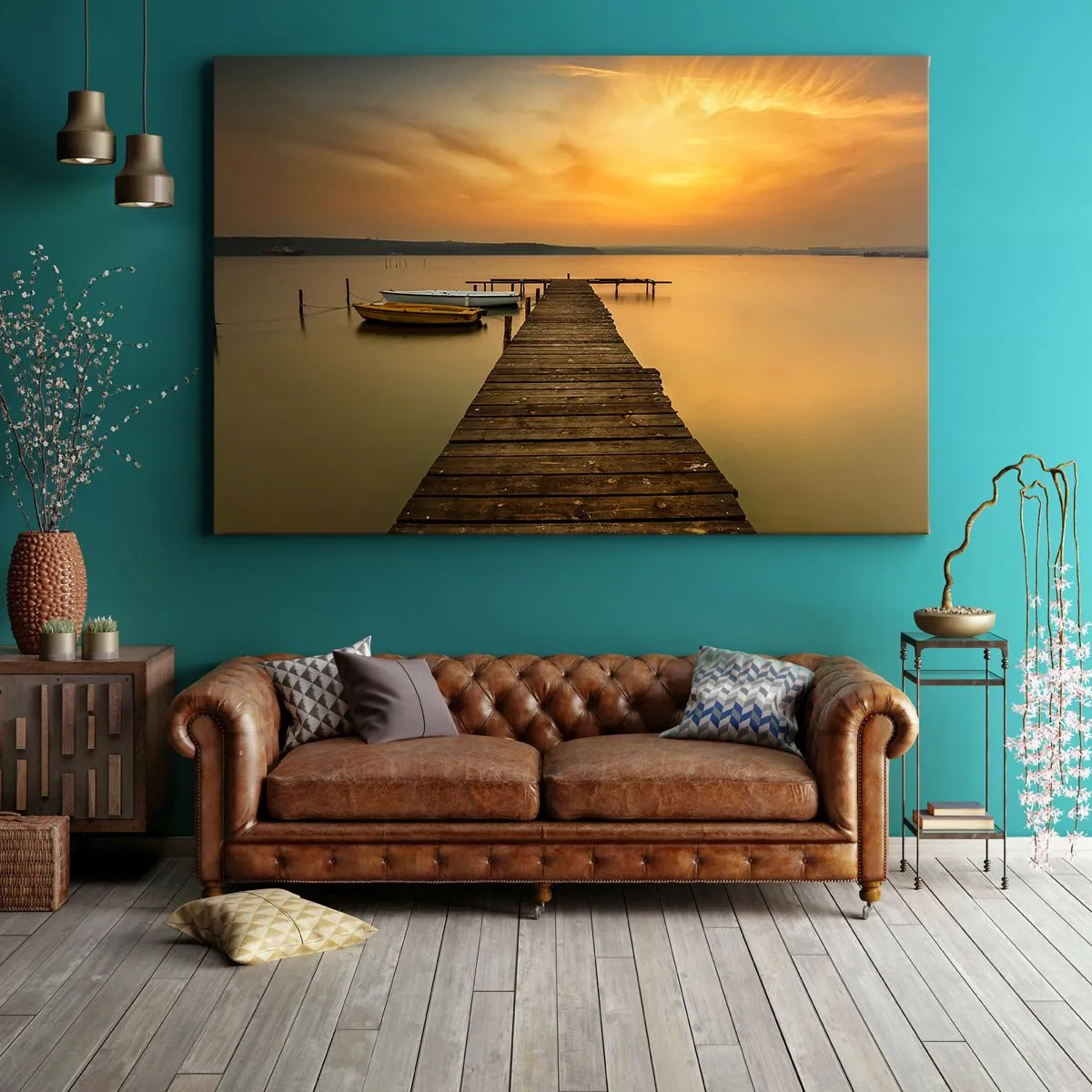 Cuadro sobre lienzo - Impresión de Imagen - Muelle de madera y barcos en el lago al atardecer - 70x50cm - Abriré el cielo dorado para ti - Decoración de pared moderna para salón y dormitorio ARTTOR