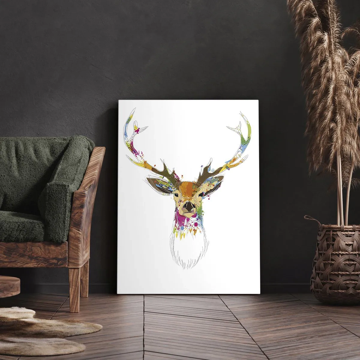 Cuadro sobre lienzo - Impresión de Imagen - Cabeza de ciervo colorida en estilo artístico. - 50x70cm - Un suave ciervo bañado en color - Decoración de pared moderna para salón y dormitorio ARTTOR