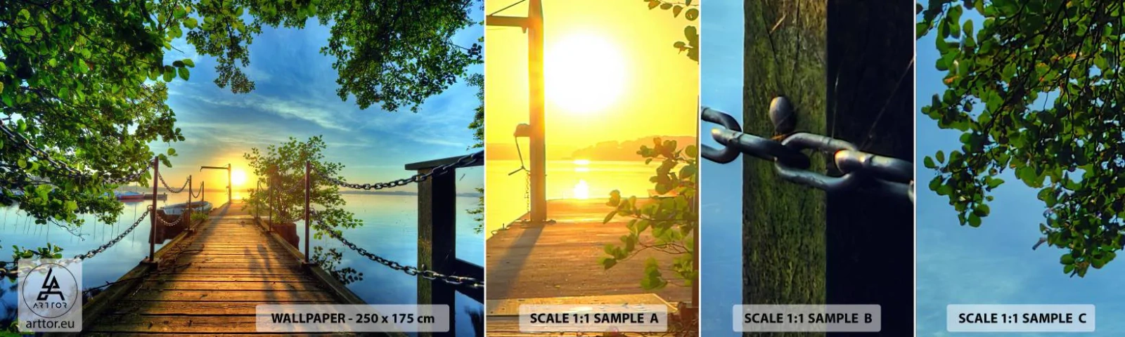 Muestra de fotomural autoadhesivo Deluxe Sticker - Atardecer junto al agua - Paisaje, Lago, Velero - 100x30 cm