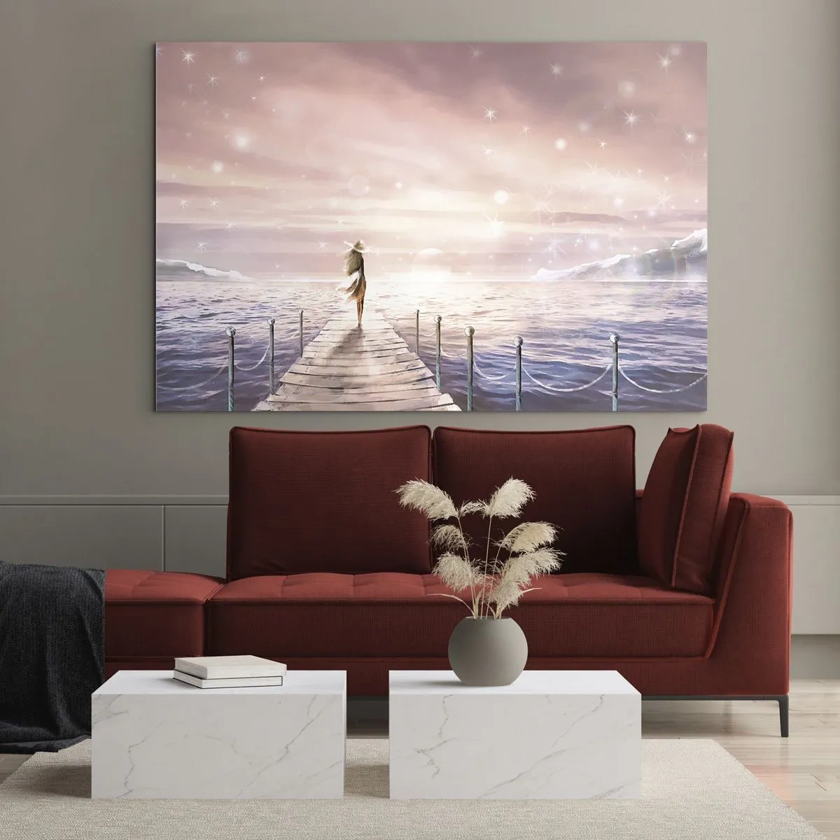 Cuadro sobre vidrio - Impresiones sobre Vidrio - Mujer en el muelle al atardecer - 70x50cm - A la luz de un sueño - Decoración de pared moderna para salón y dormitorio ARTTOR